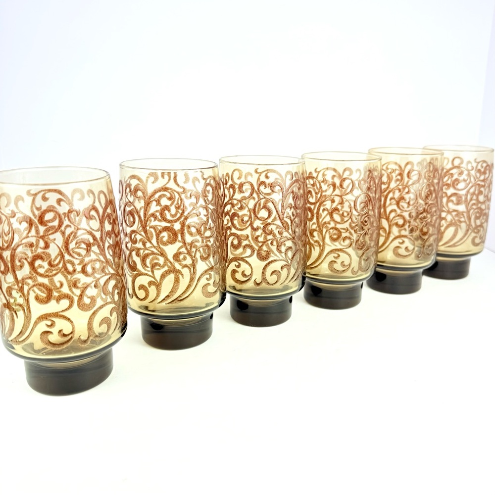 VINTAGE LIBBEY AMBER HOSTESS GLASS PRADO SCROLLS 6 PC 10 OUNCE 4 3/4" TUMBLERS